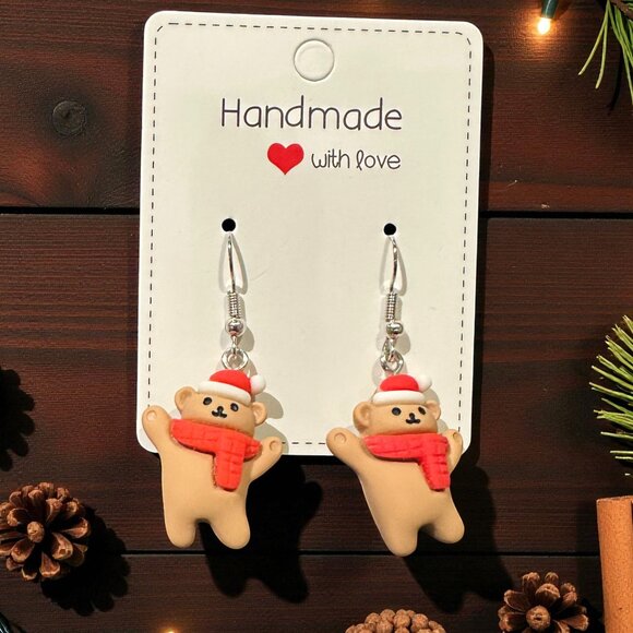 Handmade Teddy Bear Earrings | Christmas Earrings | Polymer Clay Holiday Jewelry - Picture 6 of 8